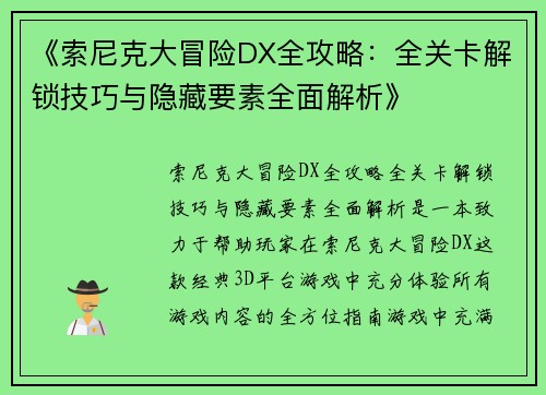 《索尼克大冒险DX全攻略：全关卡解锁技巧与隐藏要素全面解析》