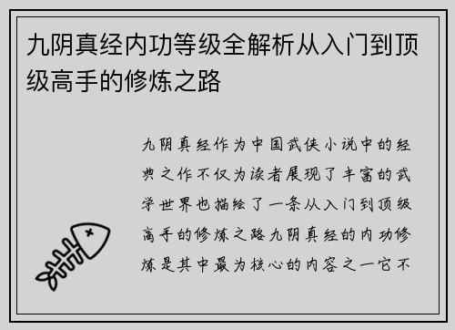 九阴真经内功等级全解析从入门到顶级高手的修炼之路
